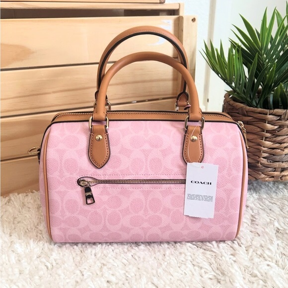 NWT🌸Coach Medium Rowan Satchel Bag In Signature Canvas With Charms Powder Pink - Picture 6 of 7